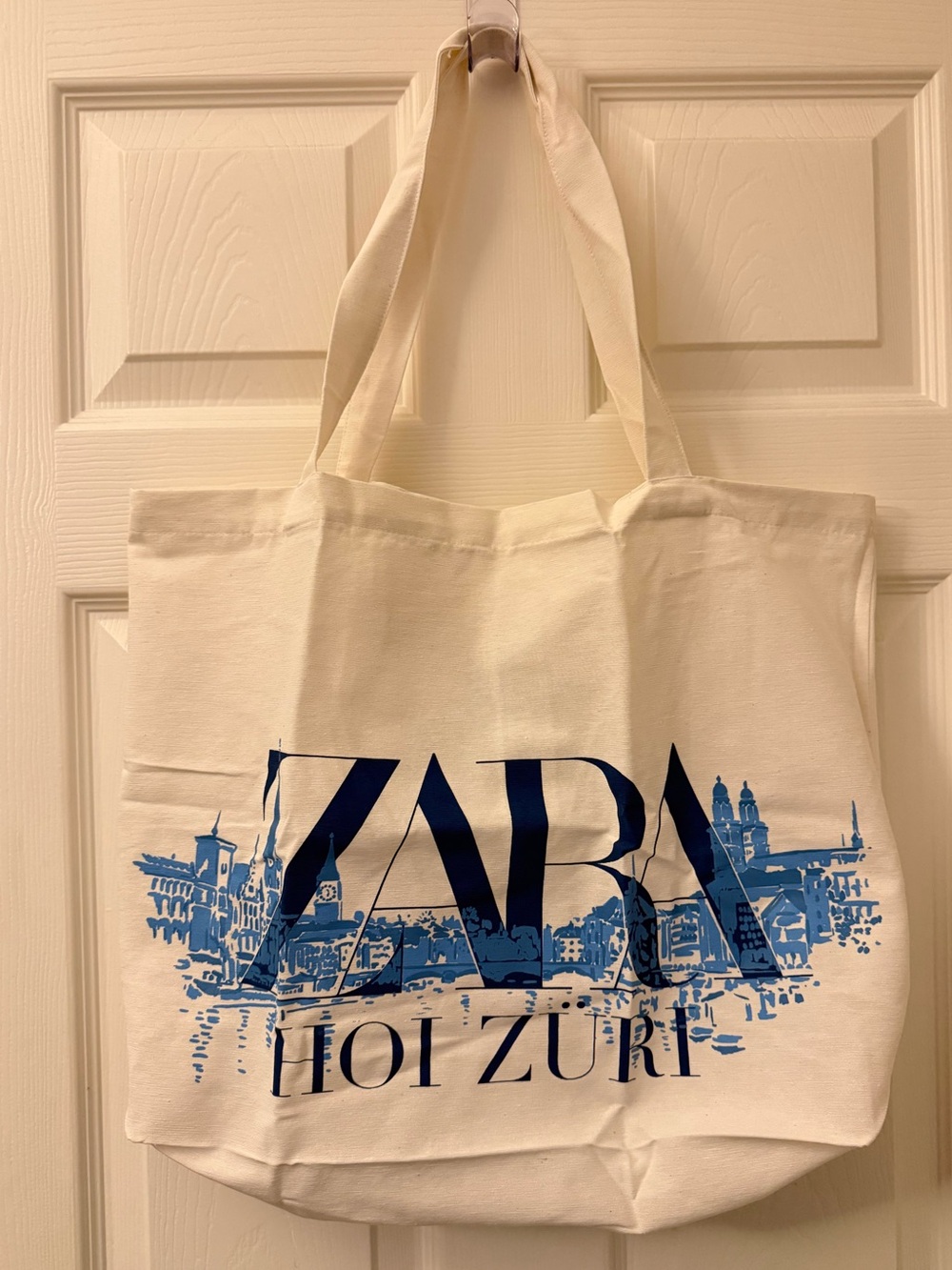 ZARA Cream foldable Tote with Blue Graphic Harbor Print - Switzerland 🇨🇭 only